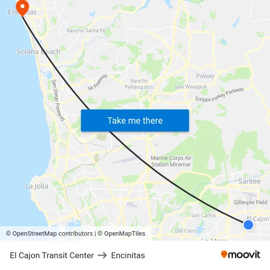 El Cajon Transit Center to Encinitas map