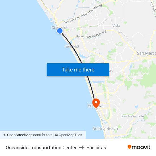Oceanside Transportation Center to Encinitas map
