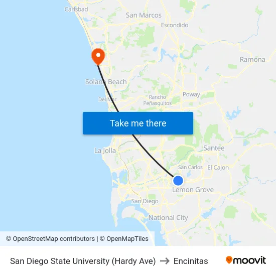 San Diego State University (Hardy Ave) to Encinitas map
