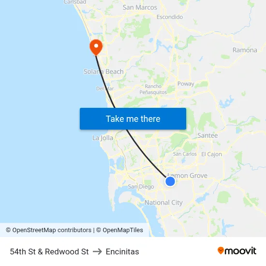 54th St & Redwood St to Encinitas map