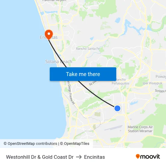 Westonhill Dr & Gold Coast Dr to Encinitas map