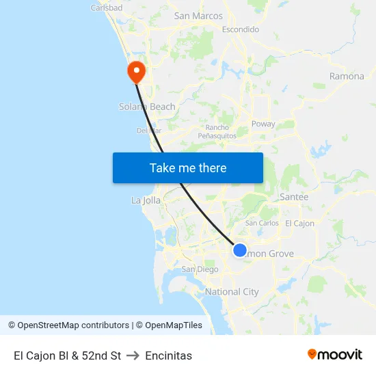 El Cajon Bl & 52nd St to Encinitas map