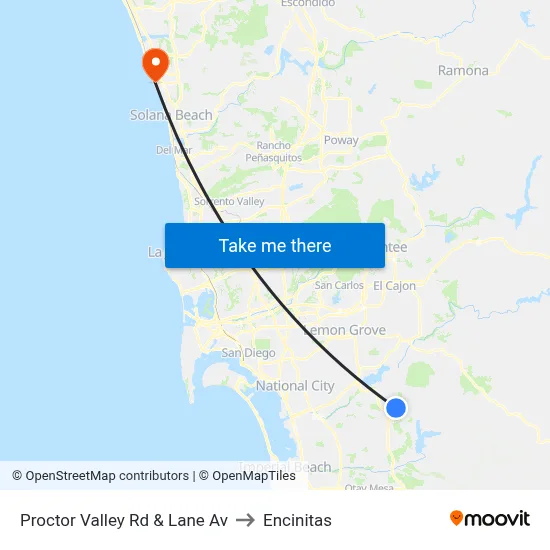Proctor Valley Rd & Lane Av to Encinitas map