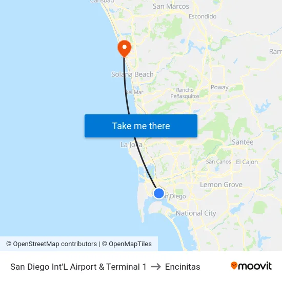 San Diego Int'L Airport & Terminal 1 to Encinitas map
