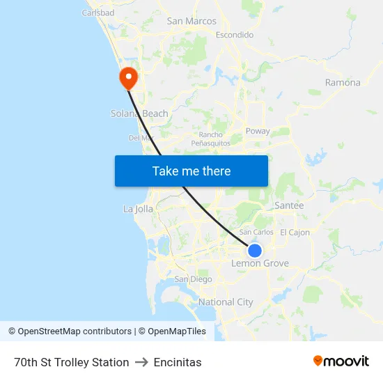 70th St Trolley Station to Encinitas map