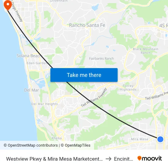 Westview Pkwy & Mira Mesa Marketcenter to Encinitas map