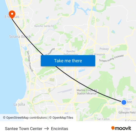 Santee Town Center to Encinitas map