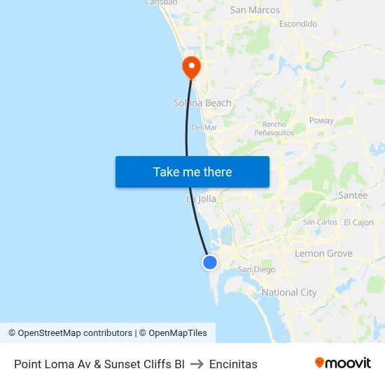 Point Loma Av & Sunset Cliffs Bl to Encinitas map