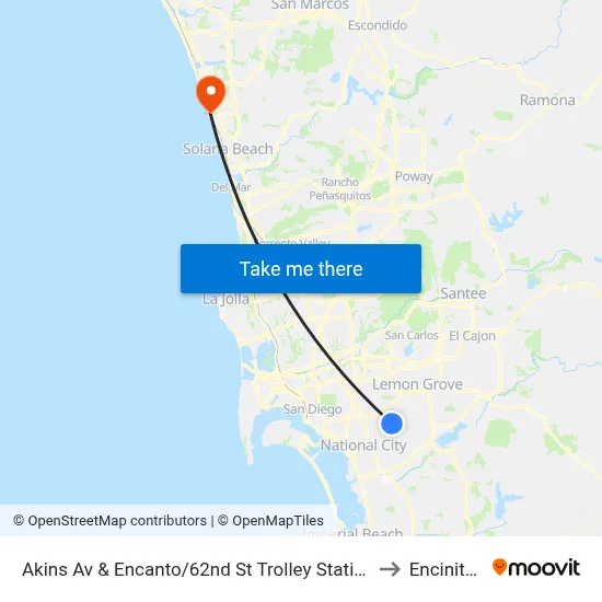 Akins Av & Encanto/62nd St Trolley Station to Encinitas map