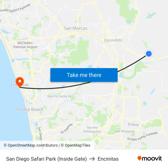 San Diego Safari Park (Inside Gate) to Encinitas map