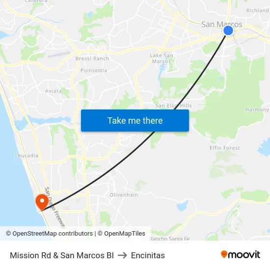 Mission Rd & San Marcos Bl to Encinitas map