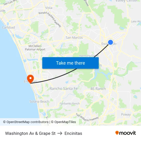Washington Av & Grape St to Encinitas map