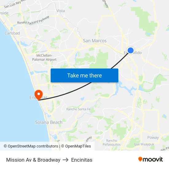 Mission Av & Broadway to Encinitas map