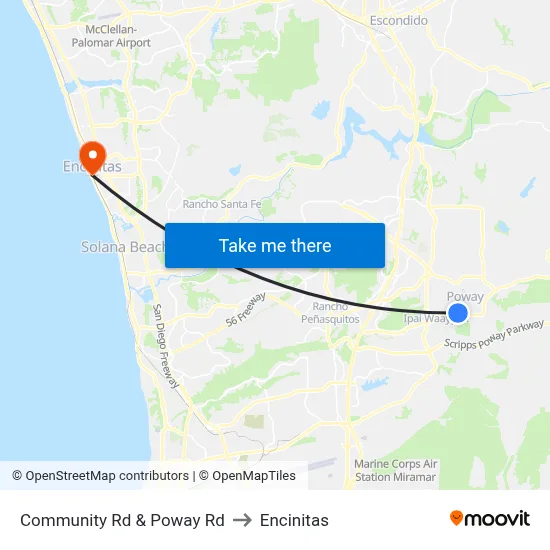 Community Rd & Poway Rd to Encinitas map