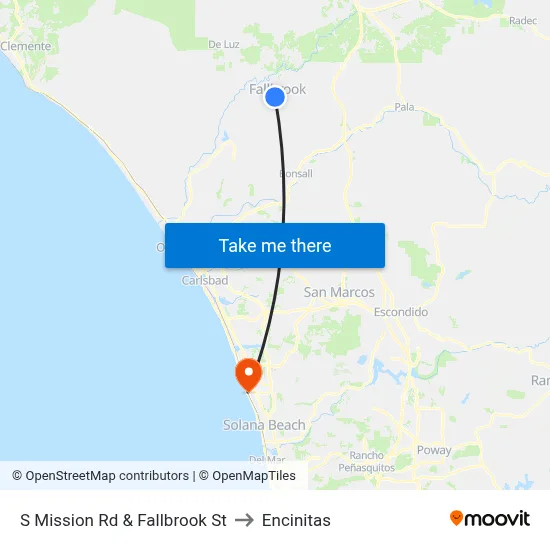 S Mission Rd & Fallbrook St to Encinitas map