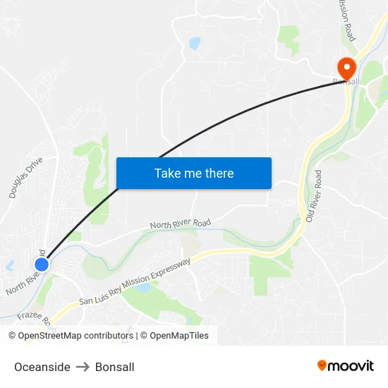 Oceanside to Bonsall map