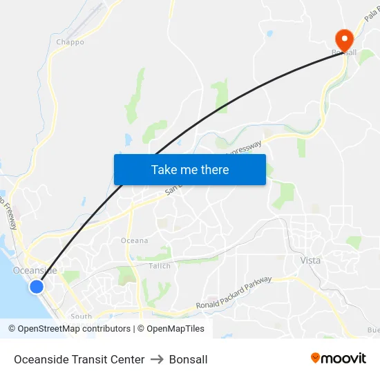 Oceanside Transit Center to Bonsall map