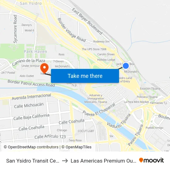 San Ysidro Transit Center to Las Americas Premium Outlets map