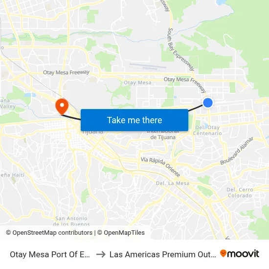 Otay Mesa Port Of Entry to Las Americas Premium Outlets map