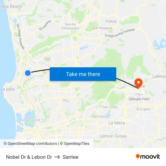 Nobel Dr & Lebon Dr to Santee map
