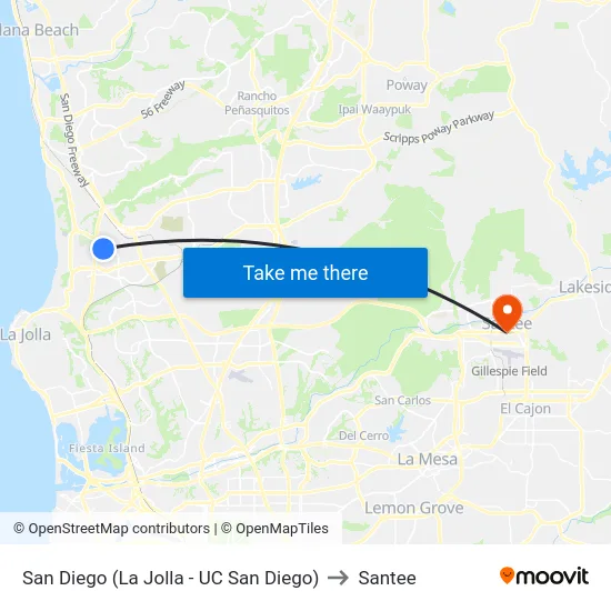 San Diego (La Jolla - UC San Diego) to Santee map