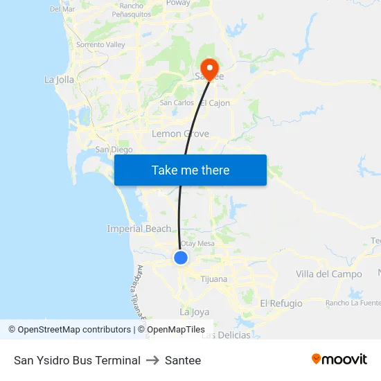 San Ysidro Bus Terminal to Santee map