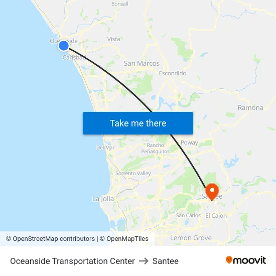 Oceanside Transportation Center to Santee map