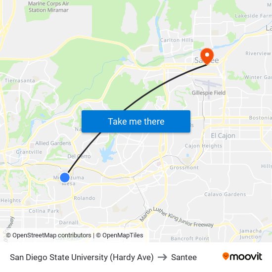 San Diego State University (Hardy Ave) to Santee map