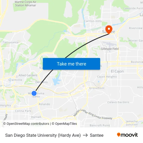 San Diego State University (Hardy Ave) to Santee map