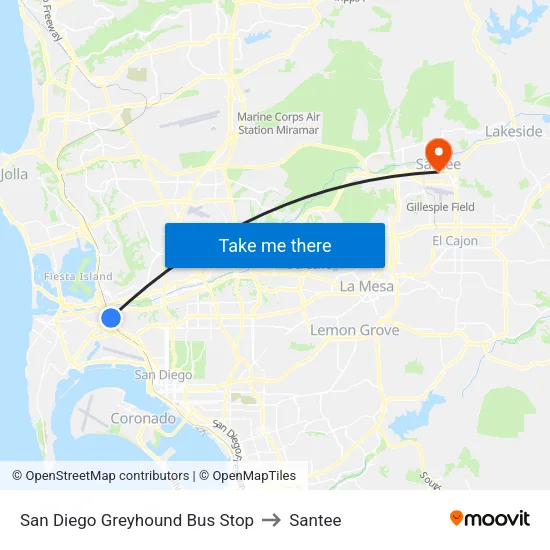 San Diego Greyhound Bus Stop to Santee map