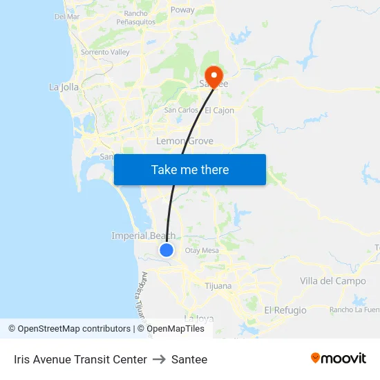 Iris Avenue Transit Center to Santee map