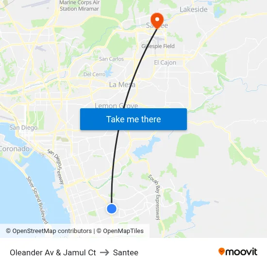 Oleander Av & Jamul Ct to Santee map