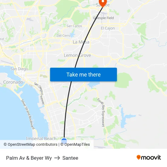 Palm Av & Beyer Wy to Santee map