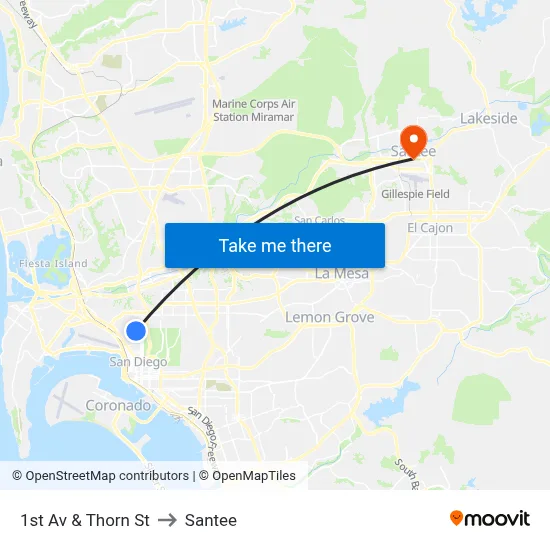 1st Av & Thorn St to Santee map