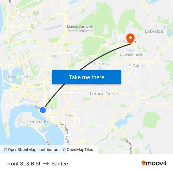 Front St & B St to Santee map