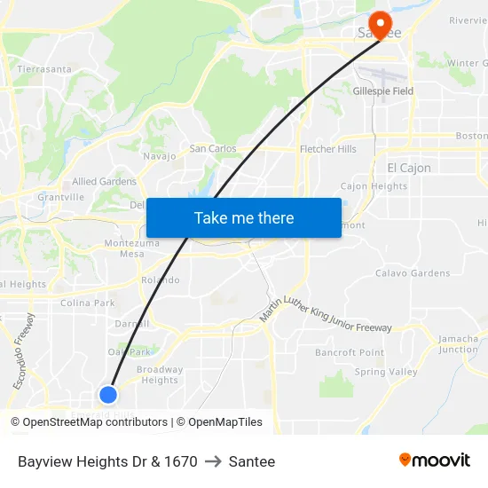 Bayview Heights Dr & 1670 to Santee map