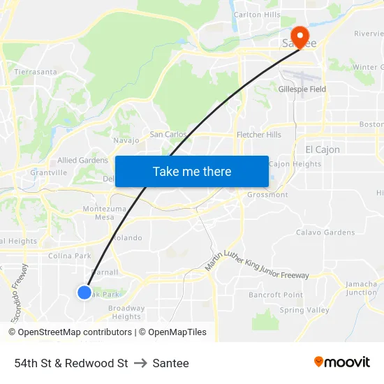 54th St & Redwood St to Santee map