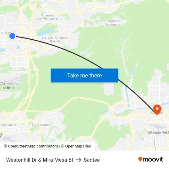 Westonhill Dr & Mira Mesa Bl to Santee map