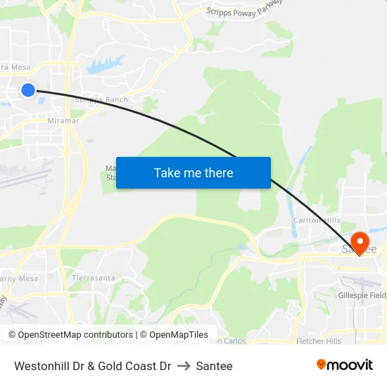 Westonhill Dr & Gold Coast Dr to Santee map