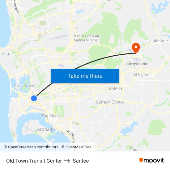 Old Town Transit Center to Santee map