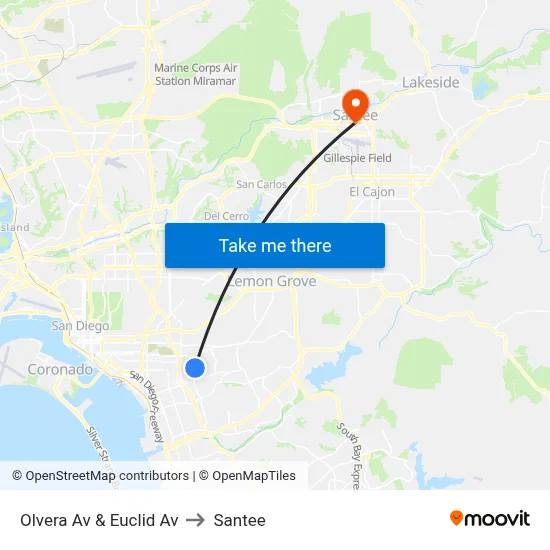 Olvera Av & Euclid Av to Santee map
