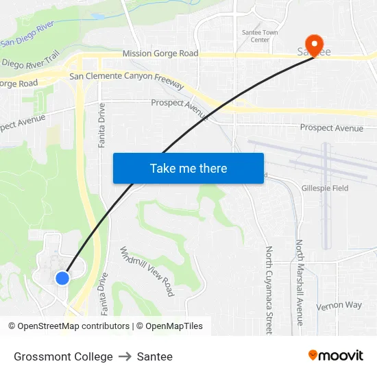 Grossmont College to Santee map