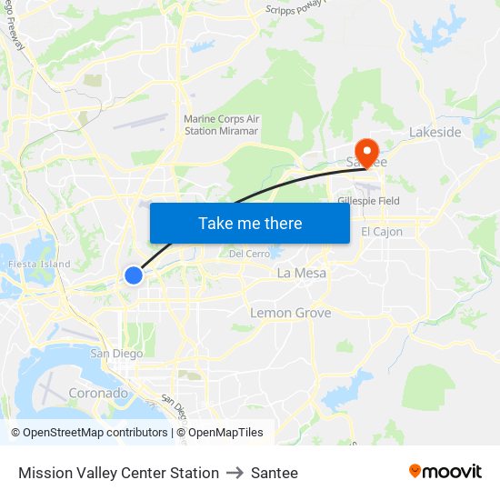 Mission Valley Center Station to Santee map