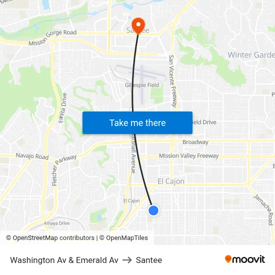 Washington Av & Emerald Av to Santee map