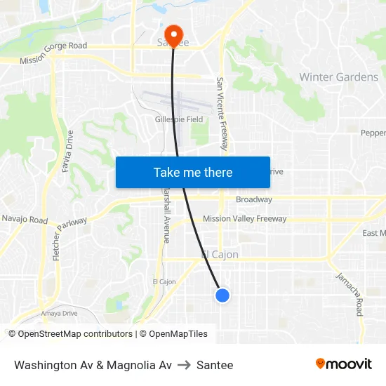 Washington Av & Magnolia Av to Santee map
