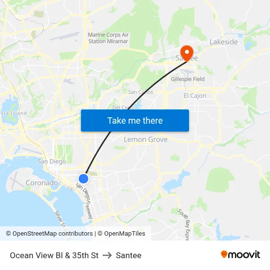 Ocean View Bl & 35th St to Santee map