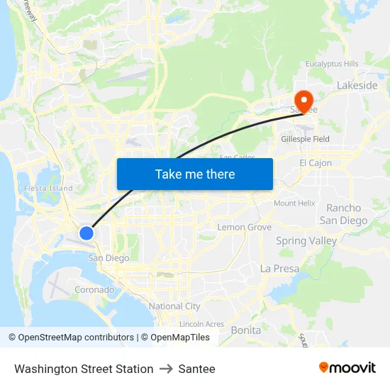 Washington Street Station to Santee map