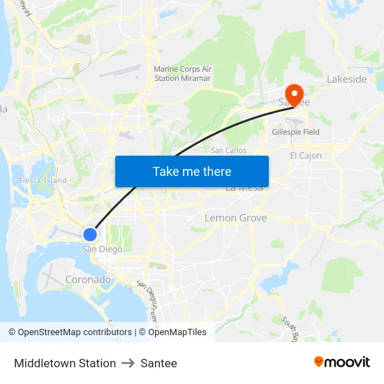 Middletown Station to Santee map