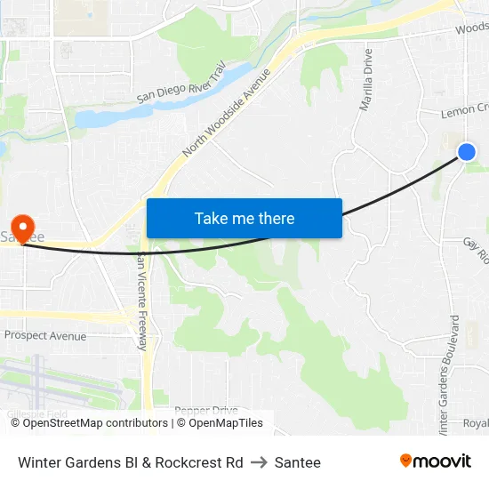 Winter Gardens Bl & Rockcrest Rd to Santee map