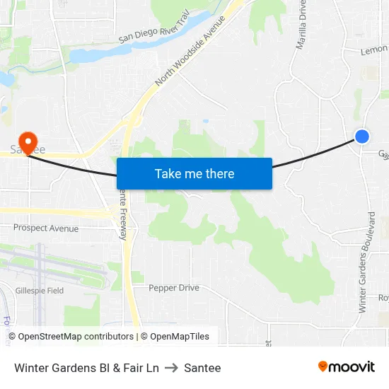 Winter Gardens Bl & Fair Ln to Santee map
